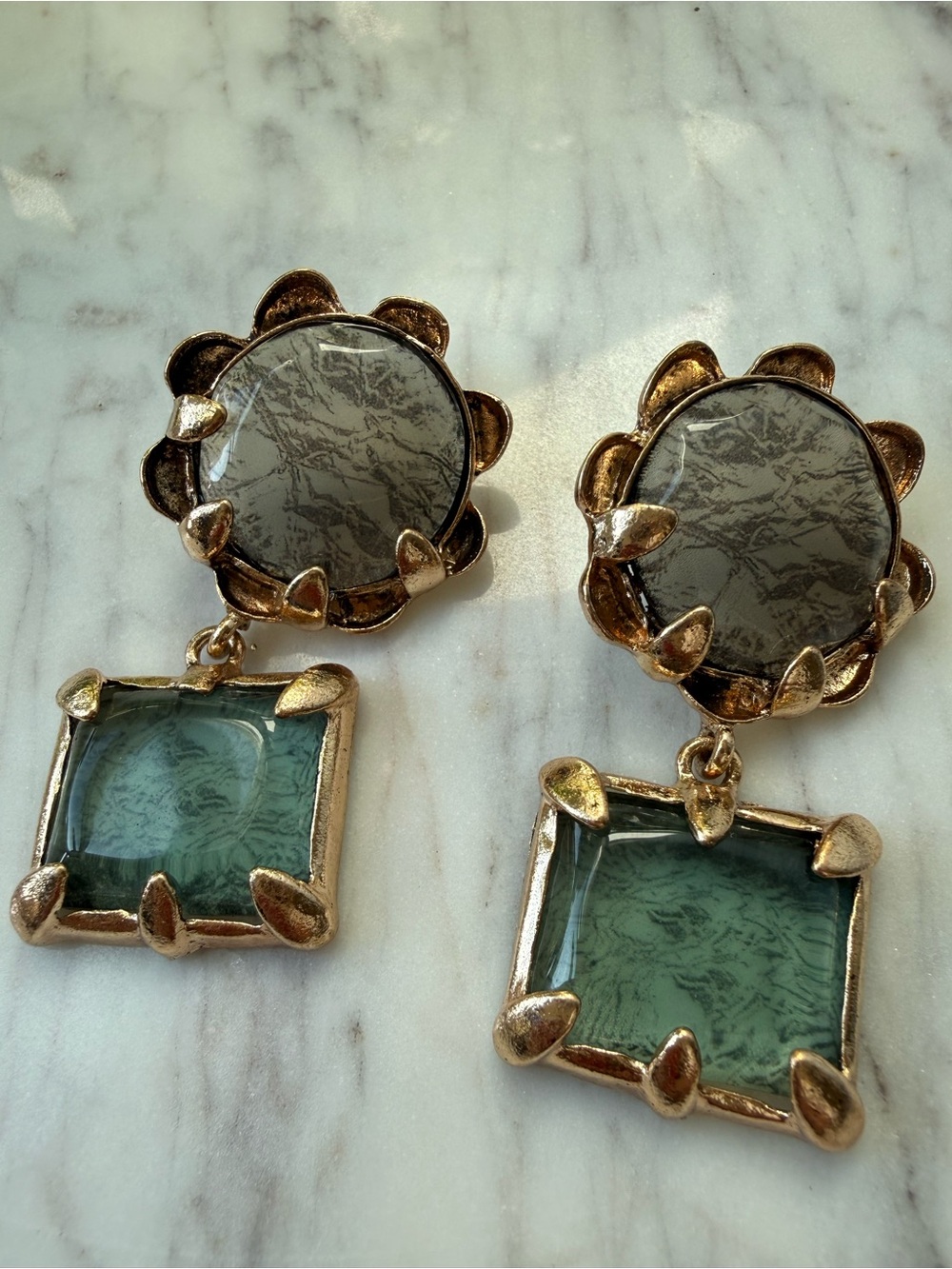 Gold and Emerald Green Drop Earrings - Picture 6 of 7